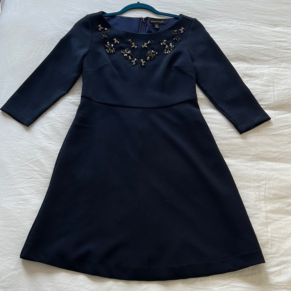 Banana Republic Navy Jeweled Long Sleeve Dress (Size 2P)